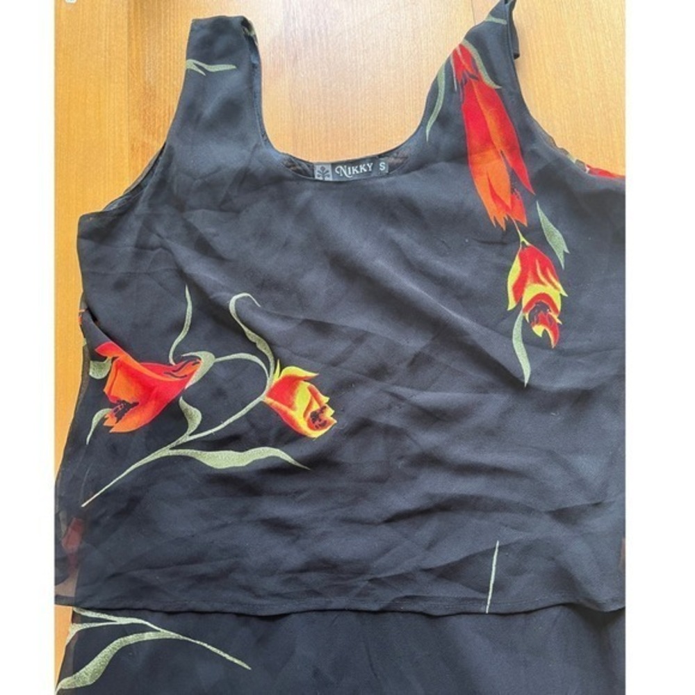 Nikky Vintage Floral Chiffon Maxi Dress Ruffle Tiered Black Red Orange - Picture 9 of 11